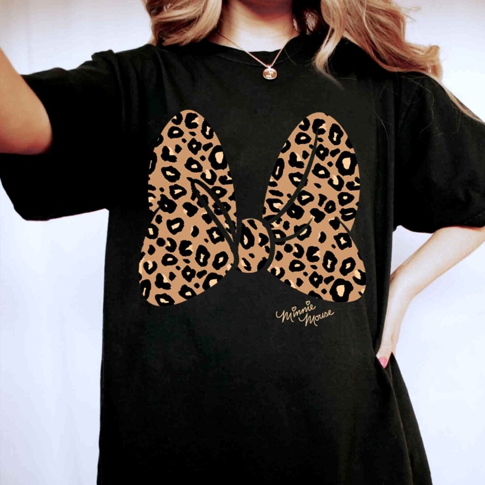 Disney Minnie Mouse Leopard Print Bow T-shirt in Black Size Large Cotton Blend